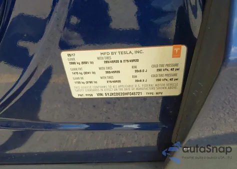 2017 Tesla Model X 100D/75D/90D из США, поврежденный, VIN 5YJXCDE20HF045721